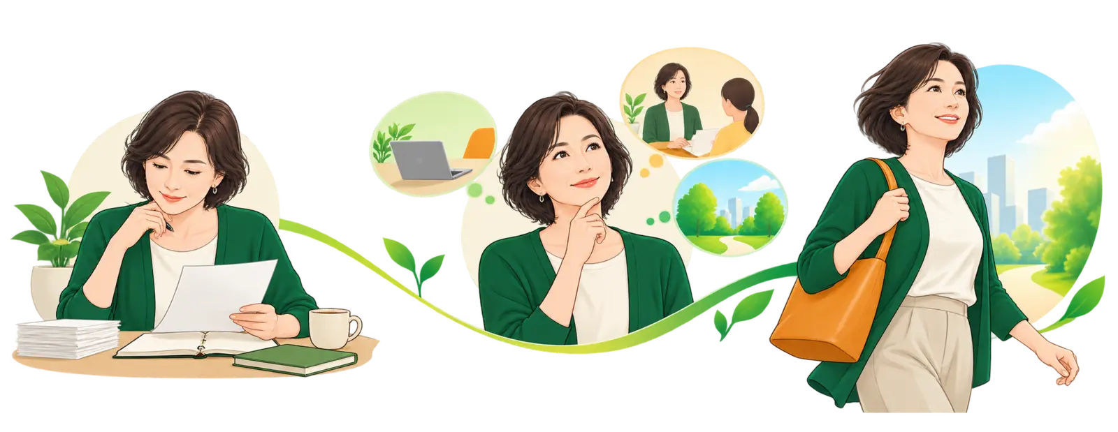経験を振り返り、これからの道を考え、次の一歩へ進む50代女性のイラスト