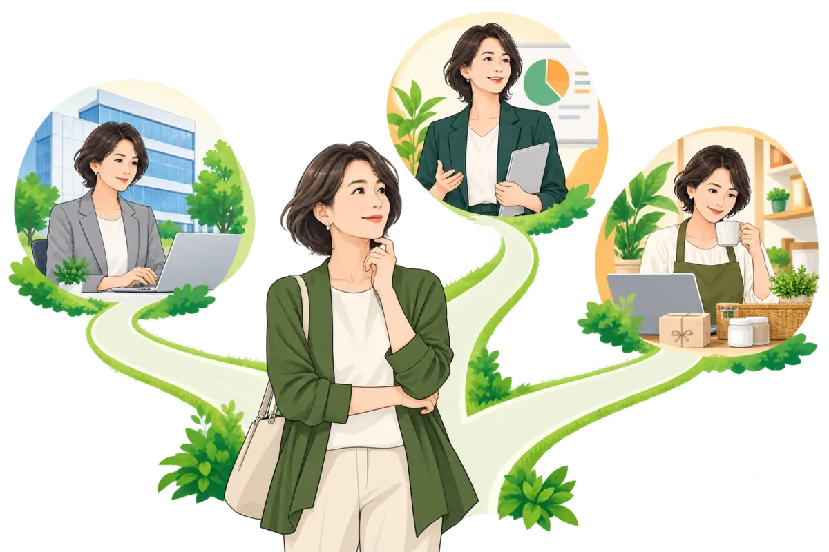 これからの働き方をいくつかの選択肢から考える50代女性のイラスト